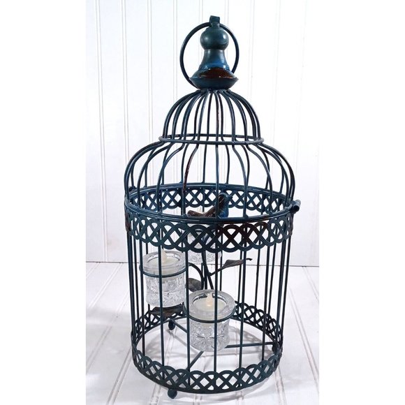 Green 16" Hanging Bird Cage Candelabra Candle Holder Cottage Shabby Chic Decor - Picture 4 of 7